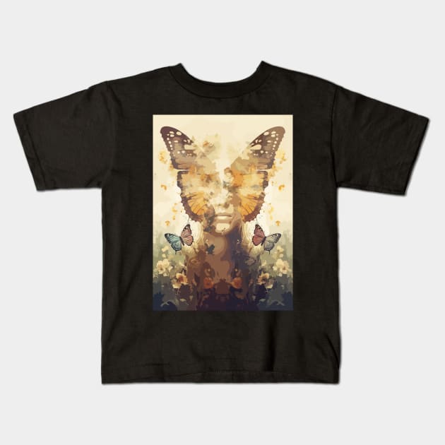 Butterfly Woman Face Abstract Art of Lepidopterist Kids T-Shirt by Art-Jiyuu
